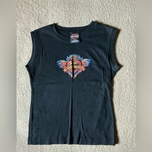 Ladies Black Muscle Tee with Colorful Harley Davidson design